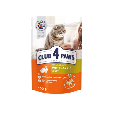 CLUB 4 PAWS PREMIUM "AR TRUŠA GAĻU ŽELEJĀ". PILNVĒRTĪGA KONSERVĒTA BARĪBA PIEAUGUŠIEM KAĶIEM