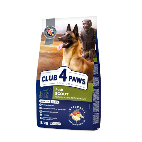 CLUB 4 PAWS PREMIUM «СКАУТ». PILNVĒRTĪGA SAUSĀ BARĪBA PIEAUGUŠU VĪDĒJO UN LIELO SUGU DARBA SUŅIEM