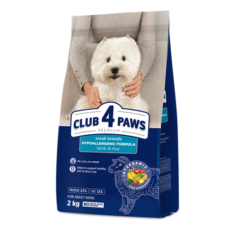 CLUB 4 PAWS PREMIUM “JĒRA GAĻA AR RĪSIEM” MAZO ŠĶIRŅU PIEAUGUŠIEM SUŅIEM. PILNVĒRTĪGA SAUSĀ BARĪBA
