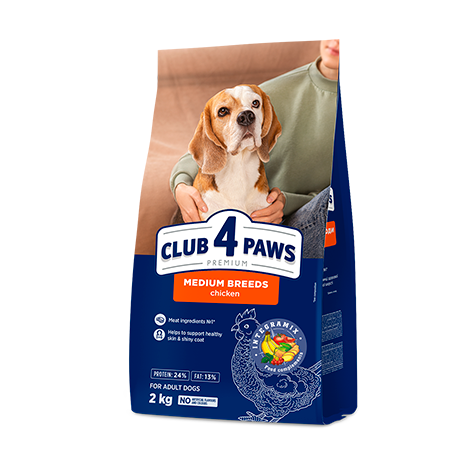 CLUB 4 PAWS PREMIUM VIDĒJĀM ŠĶIRNĒM. PILNVĒRTĪGA SAUSĀ BARĪBA PIEAUGUŠIEM SUŅIEM