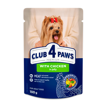 CLUB 4 PAWS PREMIUM "AR VISTAS GAĻU ŽELEJĀ". PILNVĒRTĪGA KONSERVĒTA BARĪBA PIEAUGUŠIEM SUŅIEM